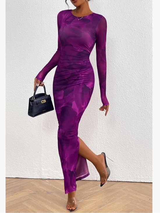 PrettyGarden Dresses & Skirts - PRETTYGARDEN Sheer Mesh Long Sleeve Ruched Bodycon Maxi Dress